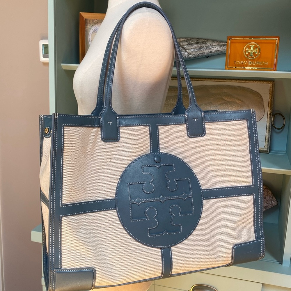 Tory Burch Quadrant Tote with Blue Leather Trim